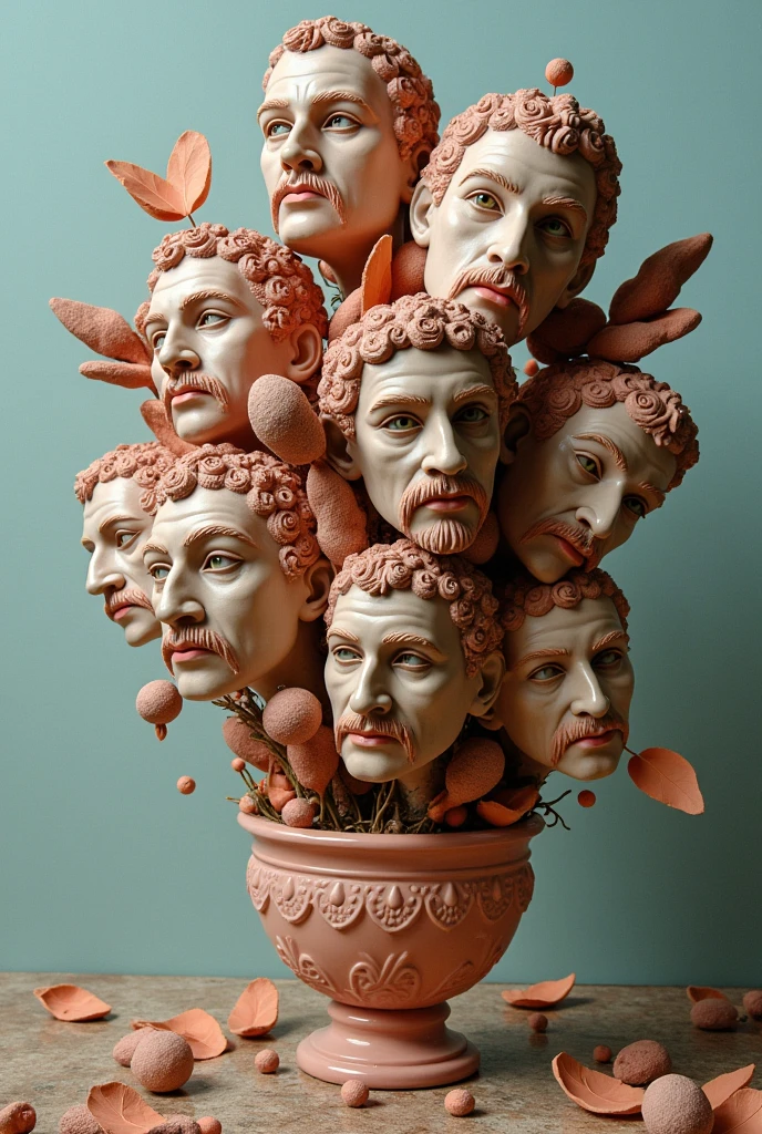 Expressionist artwork images of multiple floating ceramic heads of hispanic men, 3d collage style, make it weird and gallery worthy
