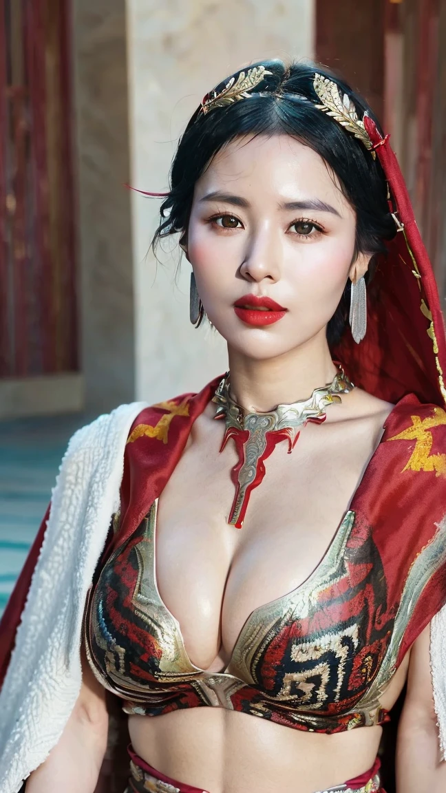 ((Realistic lighting, Masterpiece: 1.3)), (raw photo:1.2), Hyperrealist portrait gorgeous Beautiful tribal Chinese leader, mature woman, 40 years old, Milf, beautiful serious face, wrinkled face, beautiful detailed charming eyes, (pretty big breasts: 1.1), ((tribal red cape: 1.1), (tribal red mix gold strapless), (red tribal dress)), tribal loincloth, (tribal jewelry, tribal necklace, tribal diadem circlet), native American attire, tribal Palace background, legendary style, epic style, full body, (sit on throne: 1.2, tribal Palace background), professional photography, font view, very detailed faces, (garnet red lips, subtle makeup: 1.3), chignon hairstyle, full body, Best quality, 8K, colorful style