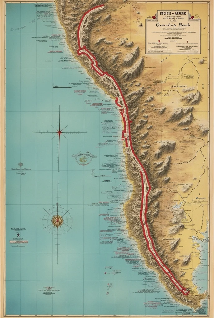 It presents a thematic map detailing the Peruvian and Chilean coast, marking the main ports and strategic points and identifying the maritime and land routes that could have been used during the Pacific War.