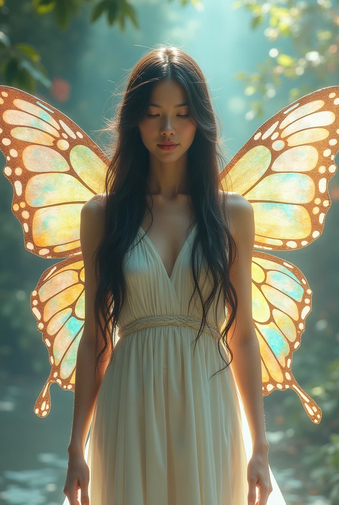 Make me a full body avatar of a pretty woman with long dark hair who is like a soul with butterfly wings