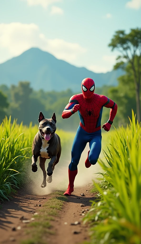 A highly realistic and humorous scene set near a lush Indonesian rice field. Spiderman, in his iconic red and blue suit, is seen sprinting in a panic, being chased by a muscular and fierce-looking Pitbull. The dog is bounding after him with determination, while Spiderman looks back in fear, his eyes wide and his body leaning forward as he desperately tries to escape. The background features green rice paddies, a narrow dirt path, and distant mountains under a bright, clear sky. The scene is comically intense, capturing the absurdity of Spiderman, a superhero, being scared by a dog, with the situation exaggerated for comedic effect.