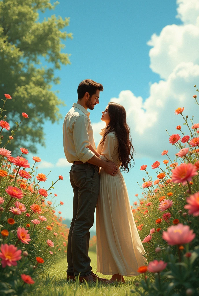 PICTURE REALISTIC, tall thin man, casual clothes, woman in evangelical clothing, very long brown hair, happy, hugging, looking at a beautiful flower garden
