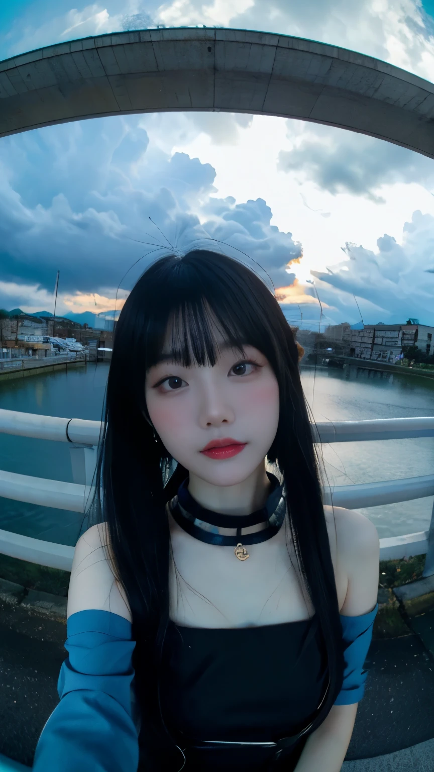 8k、masterpiece、Best image quality、Very detailed、Perfect body、Large Breasts、Skin glows、scenery、Cloudy、On the footbridge、Close-up、Photographed from the front、Fisheye Lens
