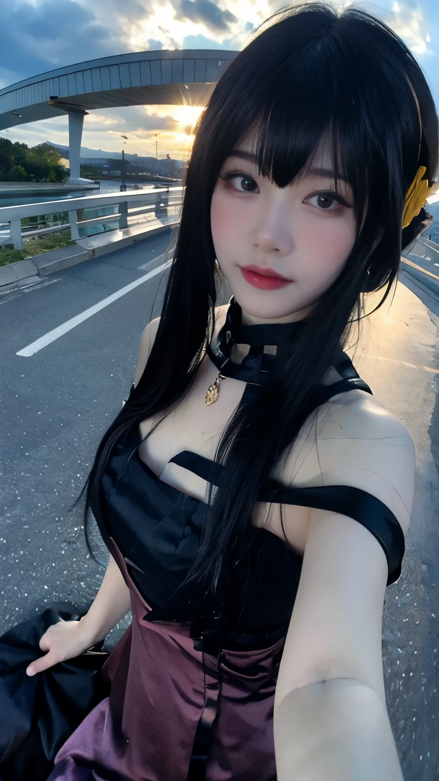 8k、masterpiece、Best image quality、Very detailed、Perfect body、Large Breasts、Skin glows、scenery、Cloudy、On the footbridge、Close-up、Photographed from the front、Fisheye Lens