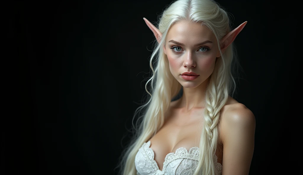 BEAUTIFUL FAIRY WOMAN IN A WHITE DRESS,  BUST IMAGE STYLE, STUDIO IMAGE STYLE, BLACK INFINITE BACKGROUND, DIFFUSED LIGHTS ON FACE, STRONG BACK LIGHTS, CLOSE FACE SHOT, PLATINUM LONG HAIR, HUGE STRAIGHT LONG HAIR, BRAID HAIR STYLE, PLATINUM EYEBROWS, VERY PALE SKIN, ELF WOMEN, TOLKIEN MITHOLOGY, EXPOSED TIP EARS, HIGH CHEEKBONES, ROSY CHEEKS, GORGEOUS LIPS, SOFT LIPSTICK, GORGEOUS CURVY BODY, SOFT MUSCLES, VOLUMOUS BREASTS, STRAPLESS CLEAVAGE, WHITE VICTORIAN DRESS, ENIGMATIC FACE EXPRESSION, SIDE FACE VIEW, EYES LOOKING TO THE SIDE, TOLKIEN MITHOLOGY, HIGH QUALITY IMAGE, MASTERPIECE, 8K