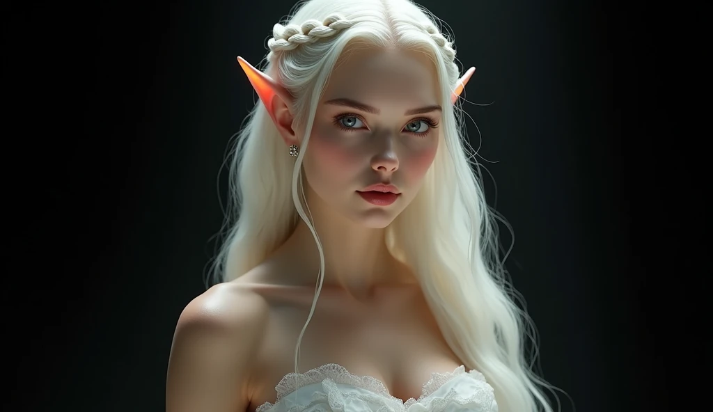 BEAUTIFUL FAIRY WOMAN IN A WHITE DRESS, BUST IMAGE STYLE, STUDIO IMAGE STYLE, BLACK INFINITE BACKGROUND, DIFFUSED LIGHTS ON FACE, STRONG BACK LIGHTS, CLOSE FACE SHOT, PLATINUM LONG HAIR, HUGE STRAIGHT LONG HAIR, BRAID HAIR STYLE, PLATINUM EYEBROWS, VERY PALE SKIN, ELF WOMEN, TOLKIEN MITHOLOGY, EXPOSED TIP EARS, HIGH CHEEKBONES, ROSY CHEEKS, GORGEOUS LIPS, SOFT LIPSTICK, GORGEOUS CURVY BODY, SOFT MUSCLES, VOLUMOUS BREASTS, STRAPLESS CLEAVAGE, WHITE VICTORIAN DRESS, ENIGMATIC FACE EXPRESSION, SIDE FACE VIEW, EYES LOOKING TO THE SIDE, TOLKIEN MITHOLOGY, HIGH QUALITY IMAGE, MASTERPIECE, 8K