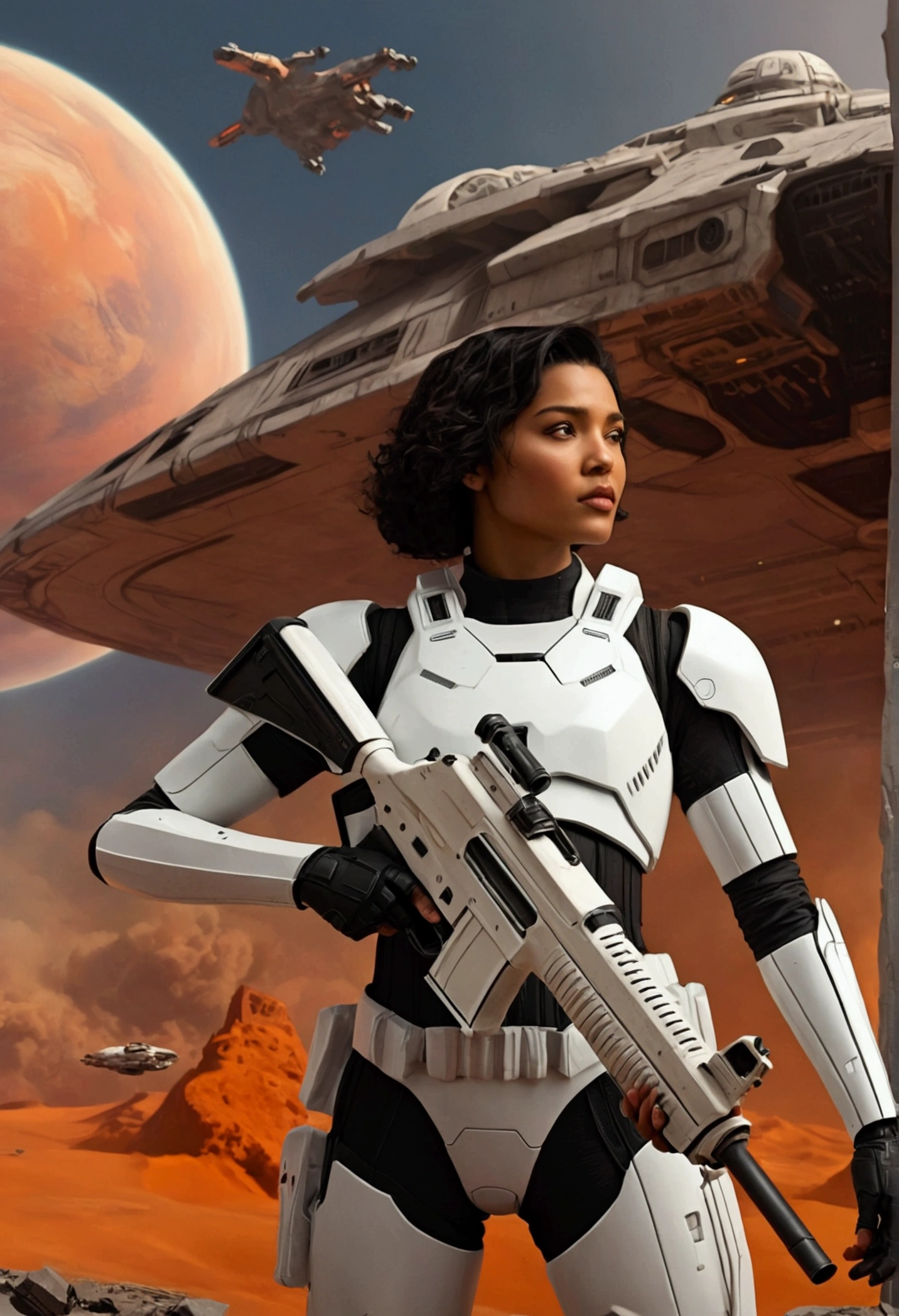 there is a woman holding a gun in front of a spaceship, hyperrealistic fantasy art, doom eternal, female stormtrooper, heaven planet in background, inspired by Jan Victors, in foreground boy with shotgun, orianna, grey orange, dune (2021) --ar 16:9 --v 5.1, ritika