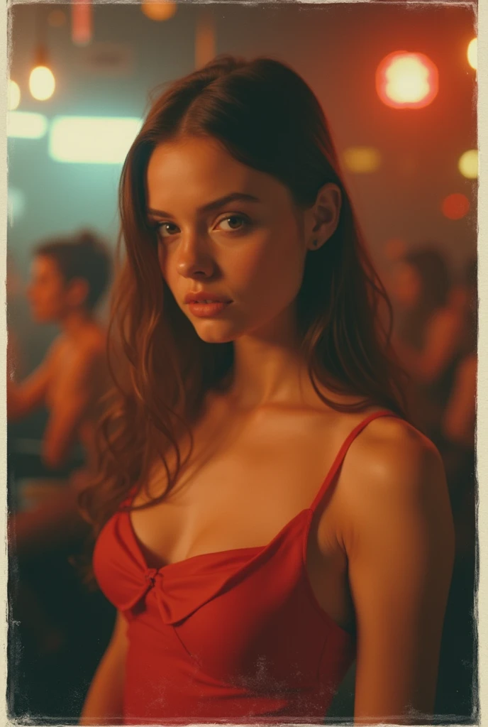 polaroid photo, night photo, smiling shyly, in party bar, photo of (: 1,5) cute babyface slim Slavic woman, pale skin, suggestive red dress, motion blur