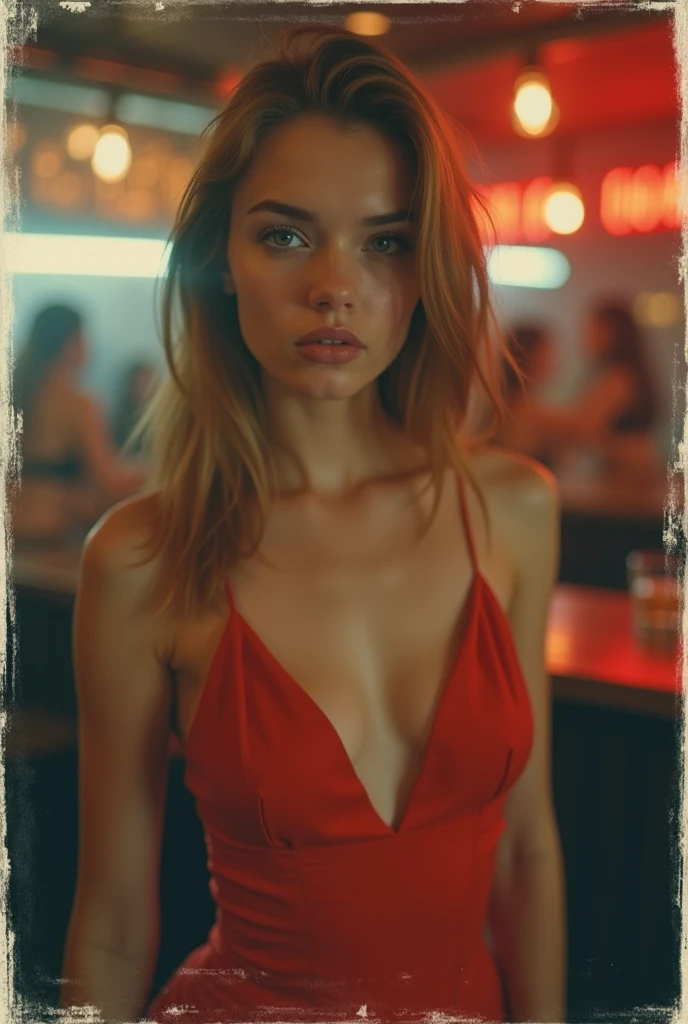 polaroid photo, night photo, smiling shyly, in party bar, photo of (: 1,5) cute babyface slim Slavic woman, pale skin, suggestive red dress, motion blur