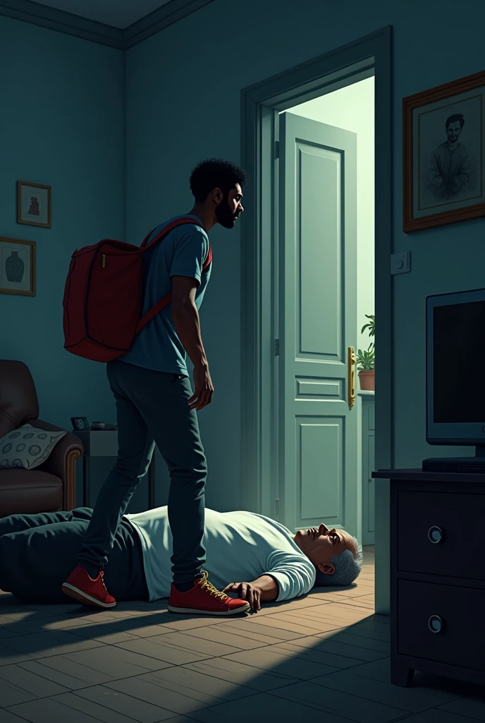 creates a vector image of a 30-year-old food delivery man who finds a 70-year-old man dead in the living room. Both are black