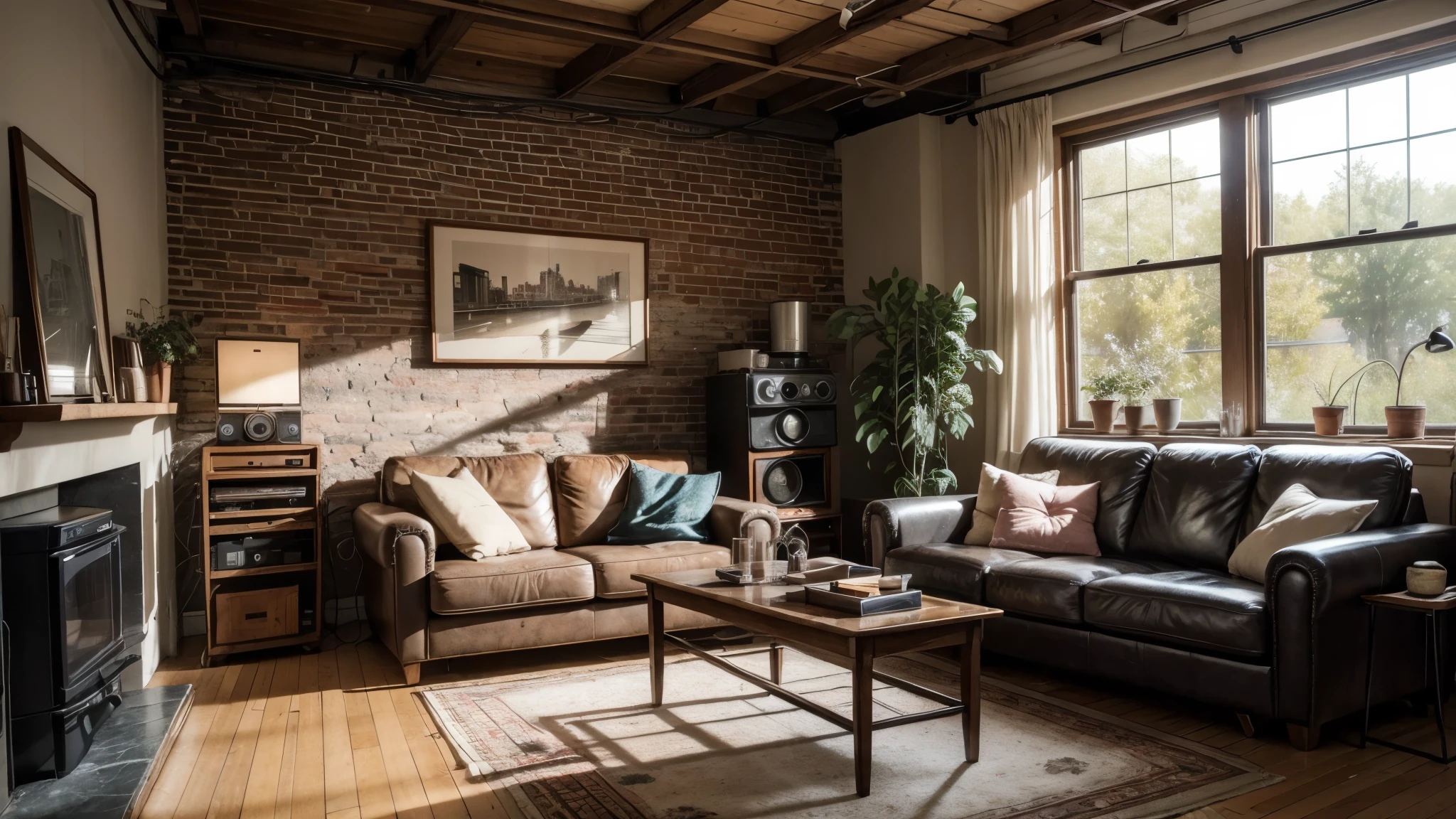"A photorealistic interior scene of a cozy living room with exposed brick walls, hanging plants and a vintage radio playing old music. Include a sense of warmth and nostalgia."