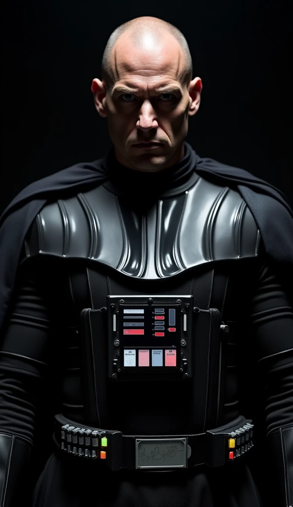 {A hyper-realistic close-up shot of a Lord Sith, capturing the region from his armored chest to the top of his head. The Lord Sith stands with a commanding presence, his face straight and his gaze locked directly into the eyes of the viewer, exuding a serious and intimidating aura. He has a shaved head and appears to be around 23years old, with a strong, well-built physique, the result of years of rigorous training with the masters of the dark Jedi order. His torso is clad in a formidable Sith armor, reminiscent of Darth Vader's, with intricate details and a polished, black finish that reflects the faintest light. The armor accentuates his broad chest and muscular build, adding to his imposing appearance. The setting is enveloped in total darkness, with the Lord Sith emerging from the shadows, creating an atmosphere of mystery and menace. The background is completely black, ensuring that all focus is on the Sith Lord’s intense, unwavering gaze, the contours of his face, and the menacing presence of his armor. The photograph is taken in a cinematic style, using one of the world’s most advanced cameras, ensuring extreme clarity and detail. The lens captures every nuance of the Lord Sith’s expression, the texture and design of his armor, and the strength of his physique. The lighting is carefully controlled, casting a dramatic spotlight on his face and armored chest, while the rest of the scene remains in shadow. The image is rendered in stunning 8K and 4K resolution, with meticulous post-processing to enhance the sharpness, contrast, and depth, delivering a photo with unparalleled clarity and impact.}--ar 4:3 --v 5.1 --q 2 --style hyper-realistic --hd 8k, 4k --details intricate --sharpness extreme --contrast high --lighting dramatic spotlight --atmosphere dark and ominous --background complete darkness --camera hasselblad h6d-400c ms --lens 85mm portrait --iso 50 --shutter_speed 1/200s --focus_highlight Lord Sith's face, expression, and Sith armor --render ultra-de