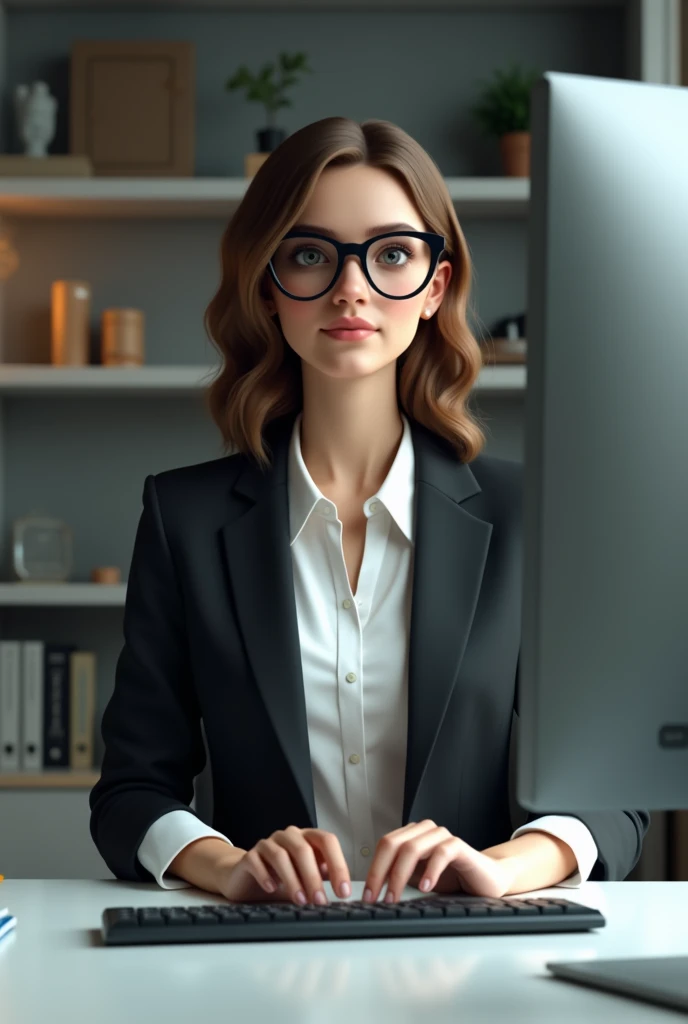 Create an image of a person with glasses, white blouse and black blazer, in front of a computer