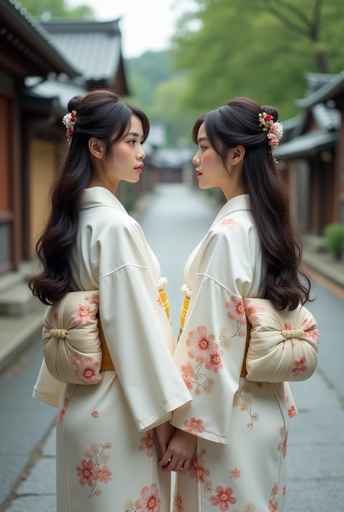 2 Japanese woman、White kimono with floral pattern、The whole body is shown、The eyes are double、Long Hair、Not facing forward Japan、Kyoto temple road、Being photographed、Photographer style
