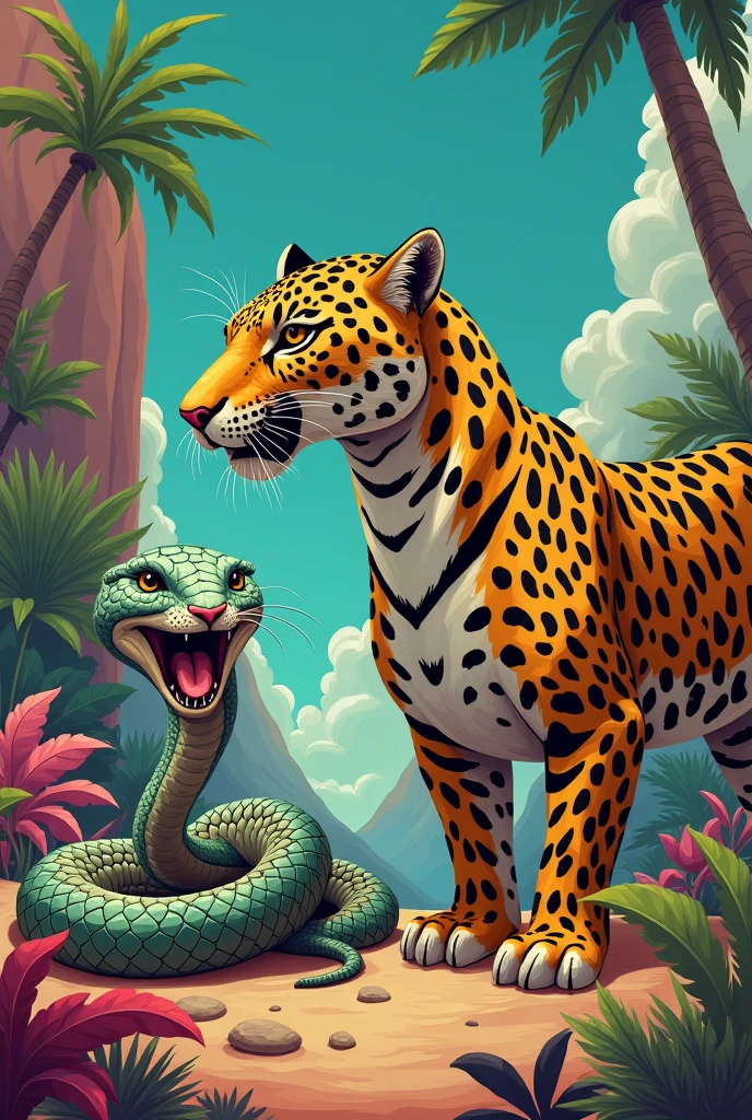Make the drawing well without causing fear, of a snake with an armadillo in its mouth next to a large jaguar, do Monica's Gang style