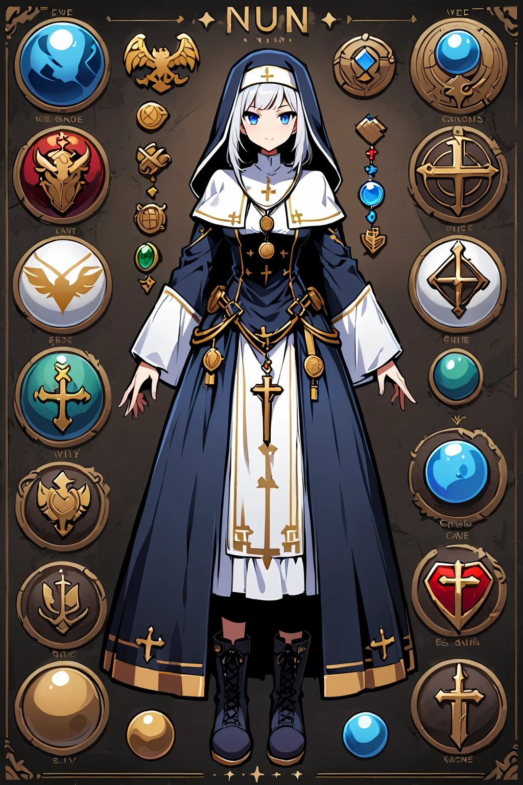 Framed Presentation of a nun, woman character design sheet for a video game with detailed accessories, boots, multiple icons, and nun dresses, Ball Gown, buttons to customize the character to your liking, sphere,(game icon),medal icon,rpg,(dark icon),