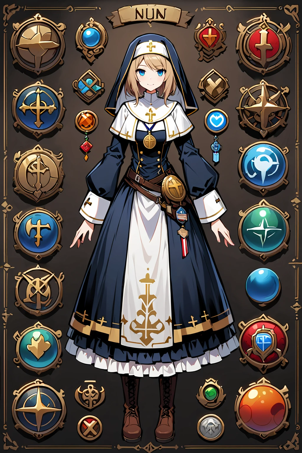 Framed Presentation of a nun, woman character design sheet for a video game with detailed accessories, boots, multiple icons, and nun dresses, Ball Gown, buttons to customize the character to your liking, sphere,(game icon),medal icon,rpg,(dark icon),