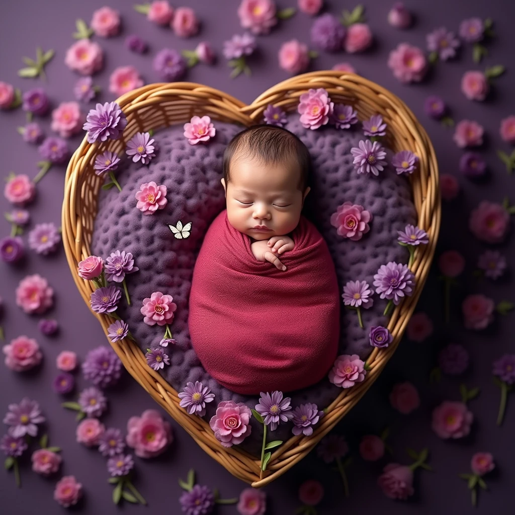 red blanket on a baby in a hear shape basket with purple flowers, butterfly fling around the baby wrapped in flowers, violet colored theme, purple themed, inspired by Anne Geddes, violet theme, draped in purple, bed of flowers on floor, maternal photography 4 k, lovely and cute, girl in a bed of flowers, cute photo, purple and pink, beautiful cute, covered with flowers