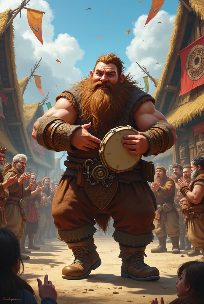 Create a Norse dwarf bard with a tambourine and drums partying in your hut village 
