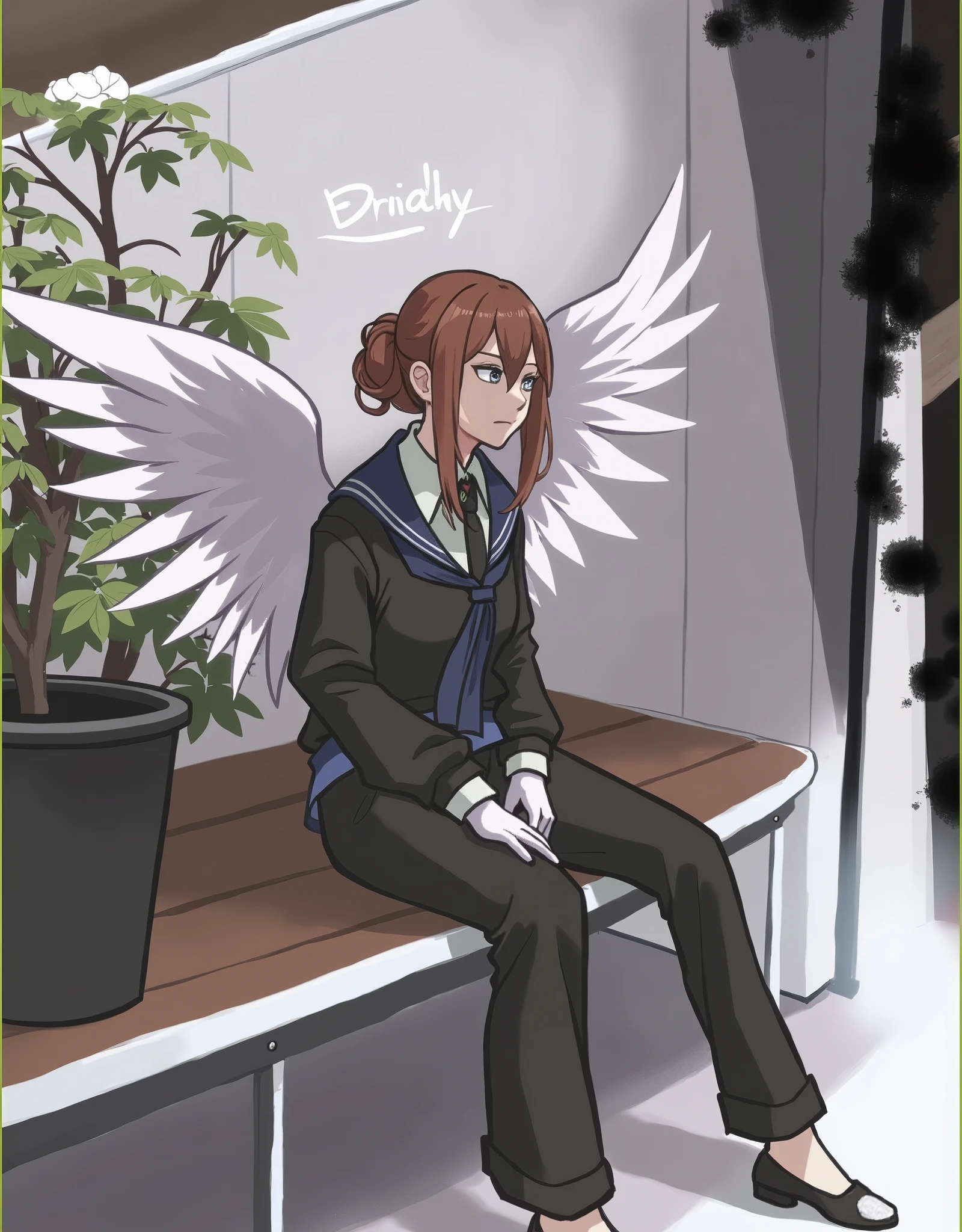 picture of a woman sitting on a bench with wings, 1girl, solo, brown hair, shirt, gloves, long sleeves, sitting, jacket, white shirt, wings, necktie, shoes, collared shirt, pants, white gloves, hair bun, black footwear, black jacket, grey eyes, blood, halo, black pants, single hair bun, plant, feathered wings, black necktie, angel wings, blood on face, white wings, angel, potted plant, anime style, from girls frontline, fine details. girls frontline, girls frontline universe, girls frontline style, girls frontline, girls frontline cg, soft anime illustration, 2 0 2 2 anime style, 2022 anime style, pixiv contest winner, pretty anime character design, render of april