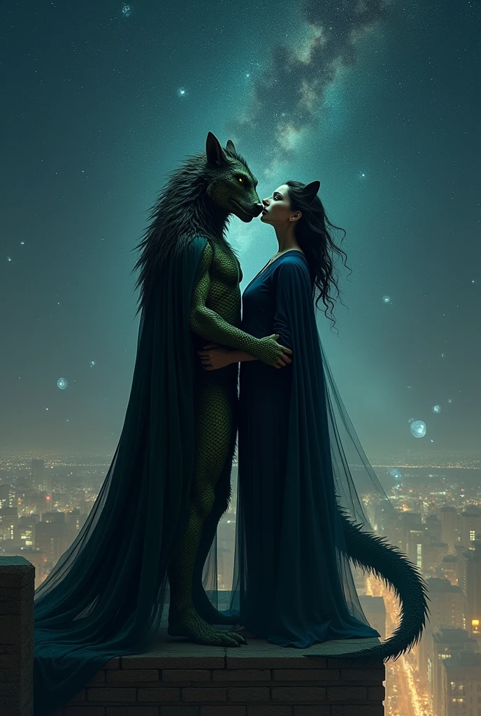 black and brown female werewolf,green-eyed wearing a navy blue cape , is next to a strong green reptilian male , wearing black cloak, hugging on top of a building looking at the stars