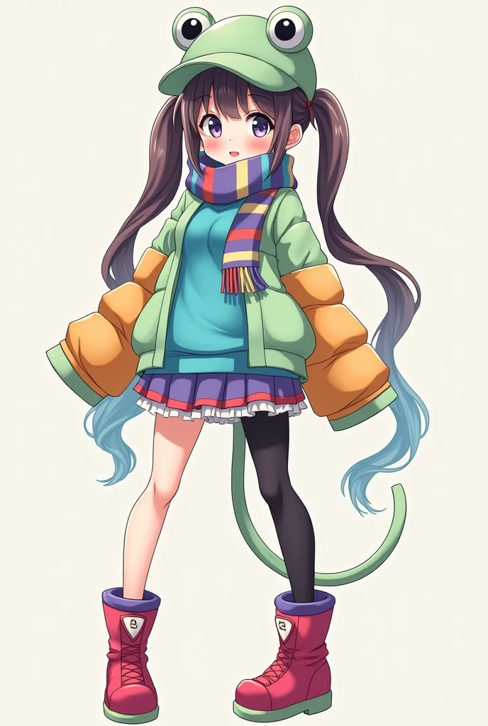 Create an anime style girl with a blue sweatshirt under a light green jacket with orange and blue sleeves, with a frog cap, short purple and yellow skirt, with a blue and red scarf, with long black and white stockings, with pastel red and dark purple boots, with hair in long pigtails half blue and half brown, with giant tits and with a giant ass with big thighs