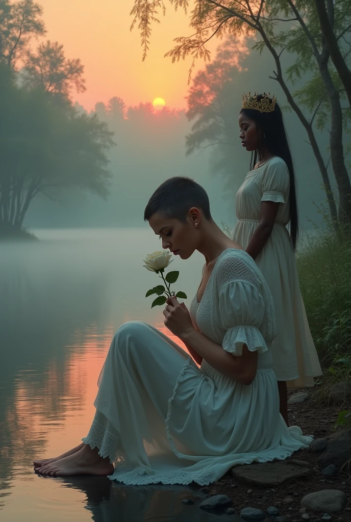 a transgender woman, white-skinned, very short hair at nose level, little breast, light and light clothing, brooding, on his knees, near the source of a calm river, with a white rose in his hands next to his chest, without realizing that she is being watched by a beautiful black-skinned woman, long  hair, with a humble crown, pink flowing clothes, Pure appearance, innocent, in the middle of the virgin forest, at dusk, with reddish and yellow sky, under a thick and beautiful fog, with a beautiful and carefree albino snake on his shoulders.