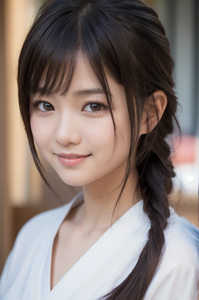 best quality, face focus, soft light, ultra high res, (photorealistic:1.4), RAW photo,(Shinozaki Ai), (fair skin), (kawaii),
1 Japanese girl, solo, cute, smile, (pupil, lights in the eyes), detailed beautiful face, Medium-sized breasts,(high resolution detail of human skin texture),(long hair),(portrait), upper body, white traditional kimono, A sunny afternoon