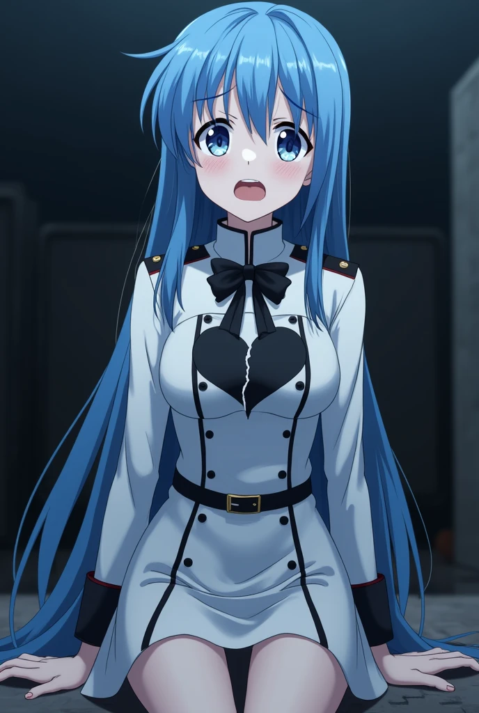 Can you create an image where I can save Esdeath?? Please, She died on her knees looking up and wailing, She had a white uniform, blue eyes, blue hair, a wide black ribbon around his neck, on the part of his chest below his neck a dark broken heart... era de Akame ga kill, Please.