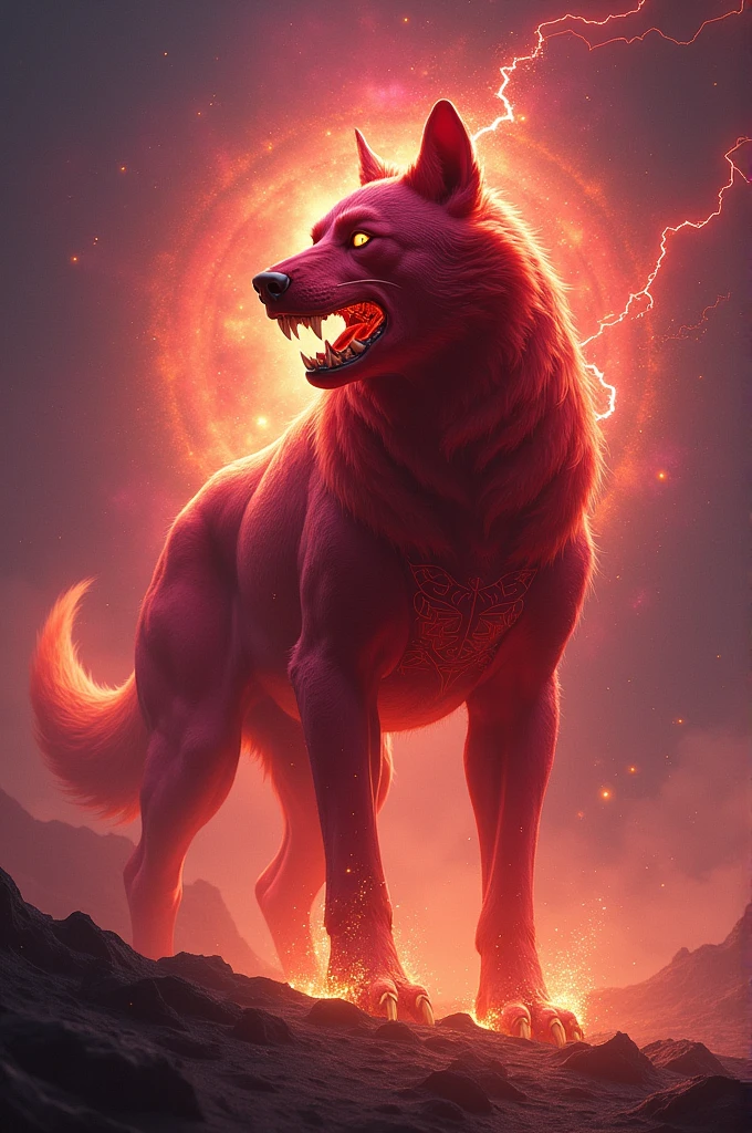The universe dangerous dog in red background 