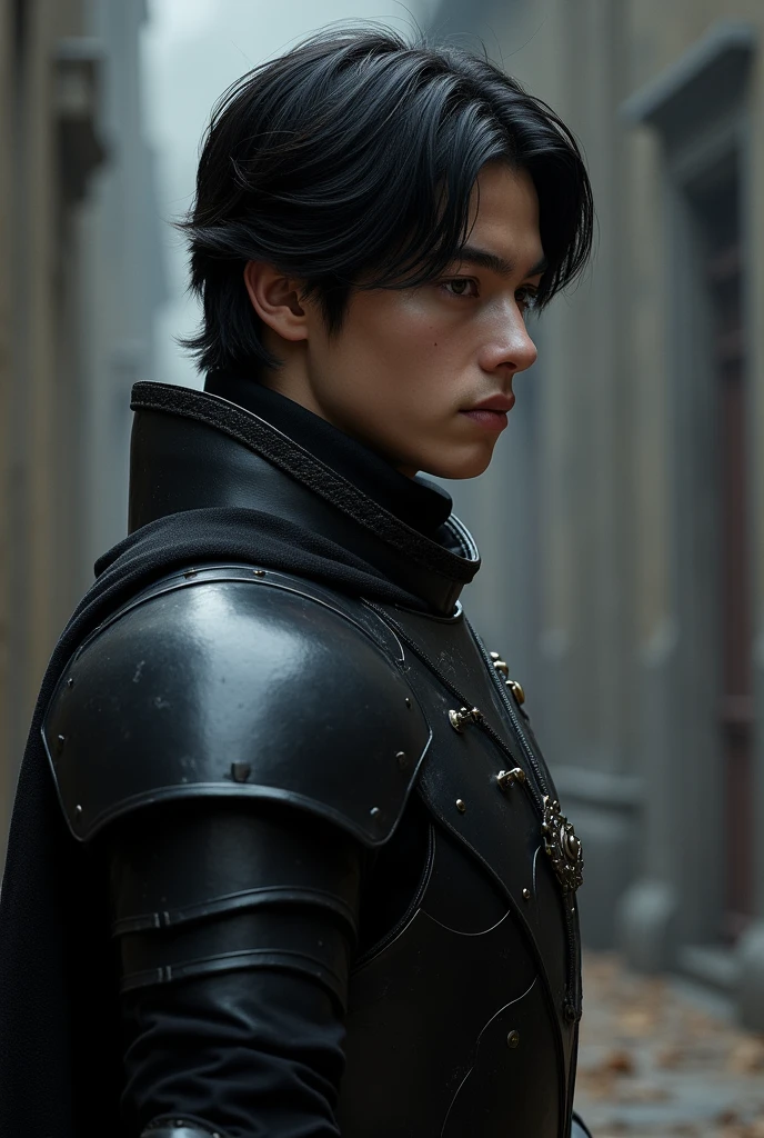 young man of twenty four years. He is a prince in black armor. He has short black hair, jet black eyes. His gaze is cold and penetrating. masculine and beauty facial features. He looks to the side, profile view.