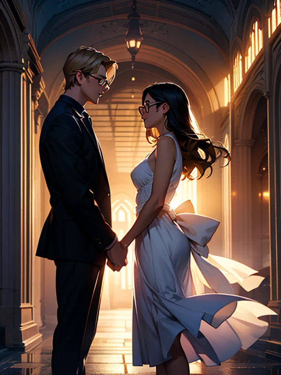 Romance book cover, with the name Flow of time silhouette of a young adult couple Tall blond boy, wears glasses girl has long black hair and she wears glasses Background with universe depicting time