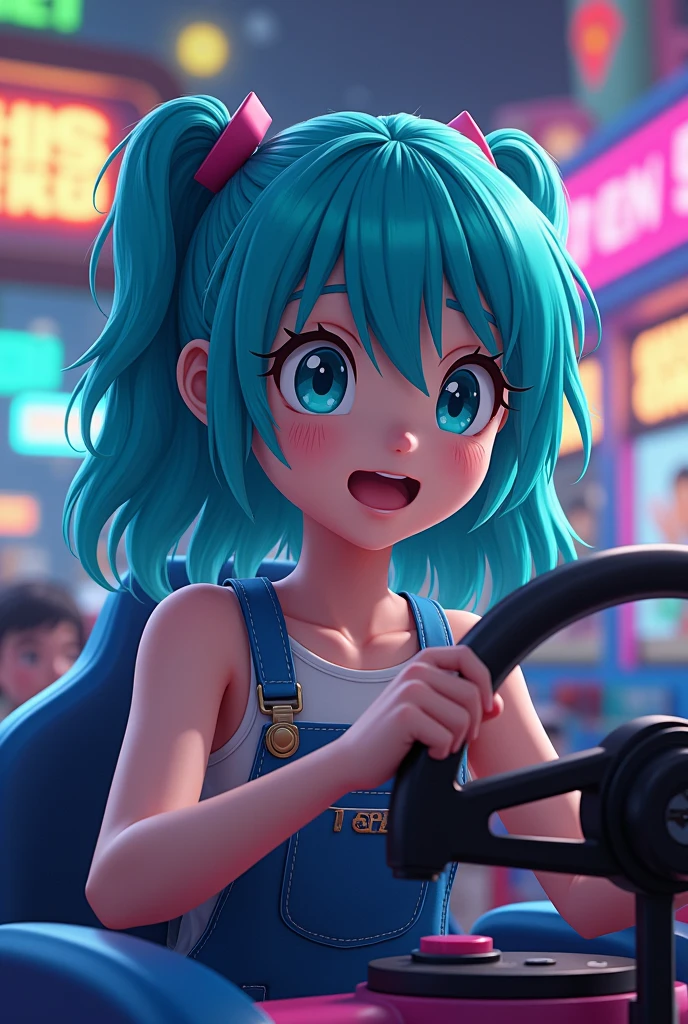 Jeune fillette au cheveux turquoise devant un simulateur voiture SEGA 