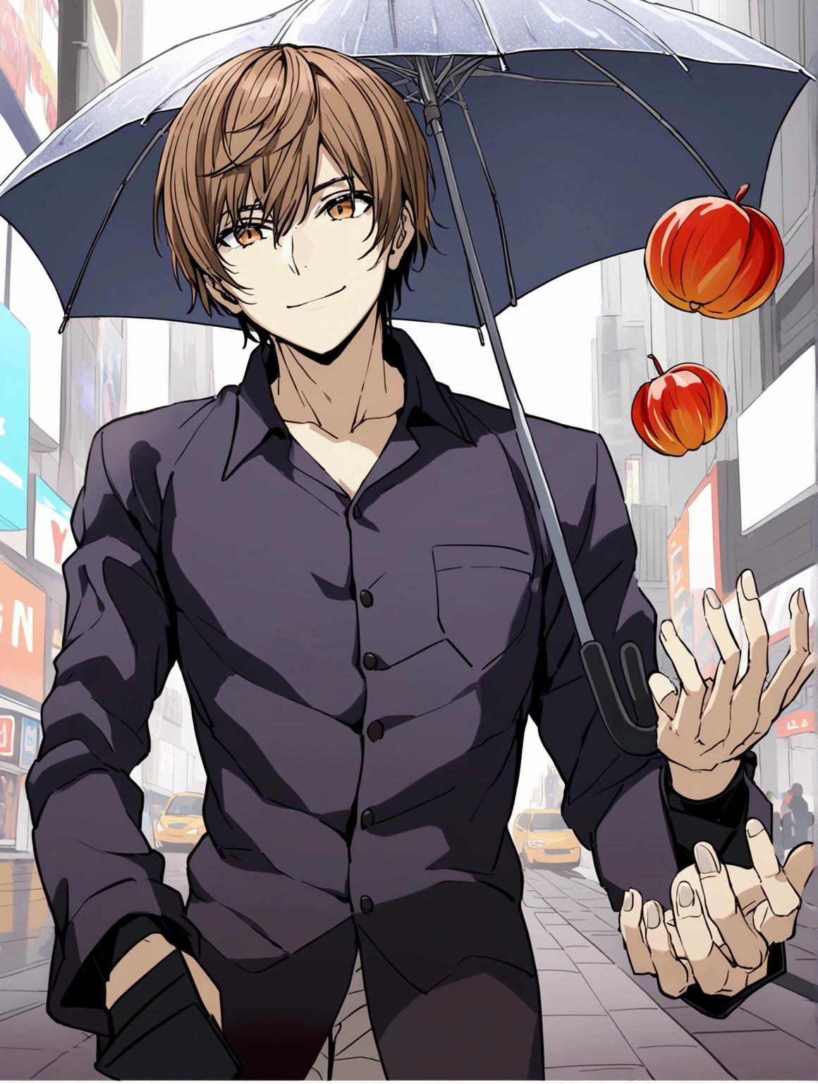 30 year old man in dark blue suit, walking in the rain with an umbrella in Times Square in New York.