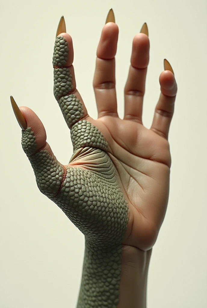Female's hand is slightly streched and scales grow instead of skin. Color does not change. Hand also has membranes between each finger and long, rounded up fingernails.