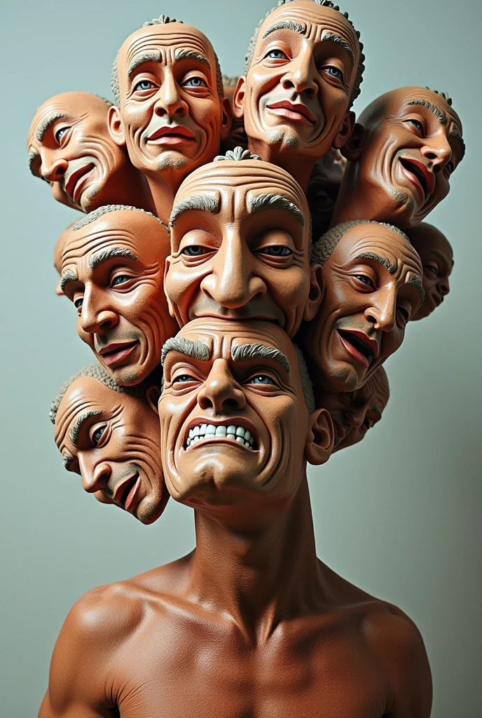 Expressionist artwork images of multiple floating ceramic heads of hispanic men, 3d collage style, make it weird and gallery worthy