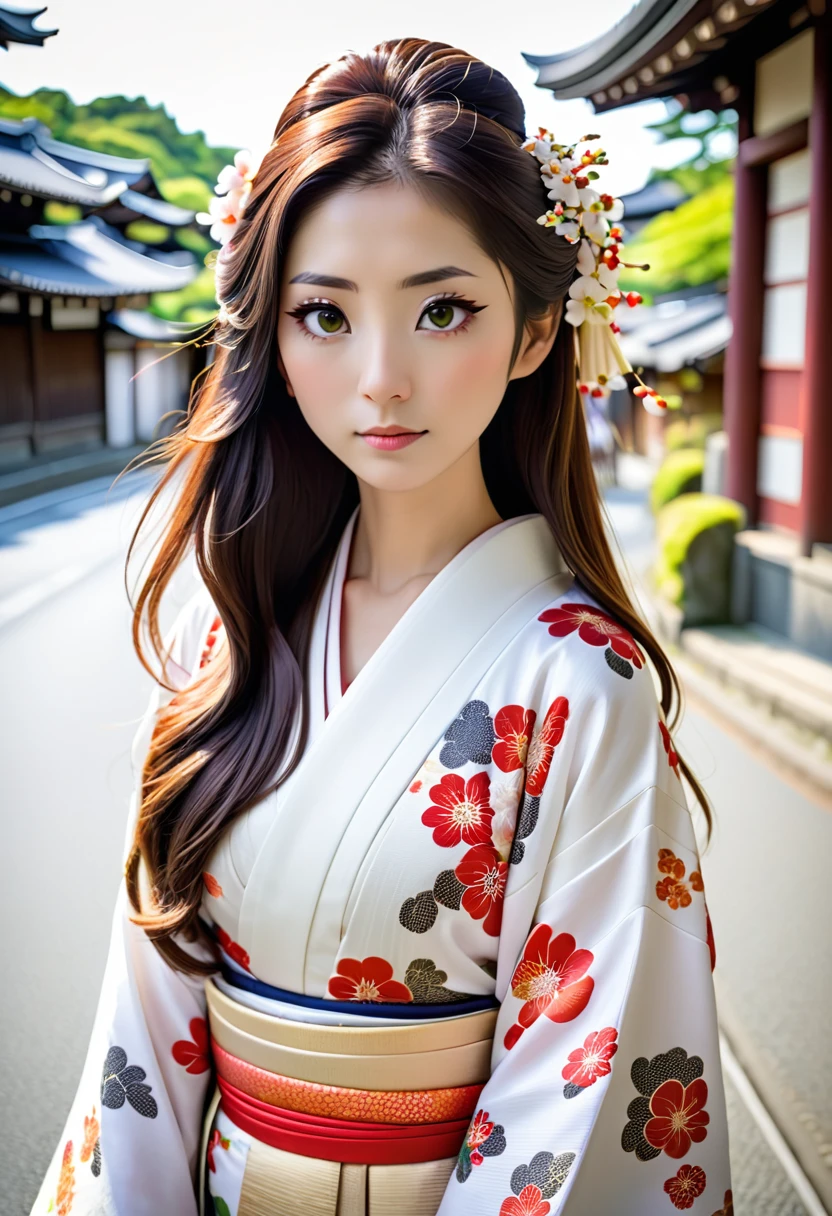 2 Japanese woman、White kimono with floral pattern、The whole body is shown、The eyes are double、Long Hair、Not facing forward Japan、Kyoto temple road、Being photographed、Photographer style