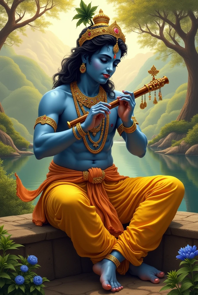 Create lord Krishna playing bansuri.