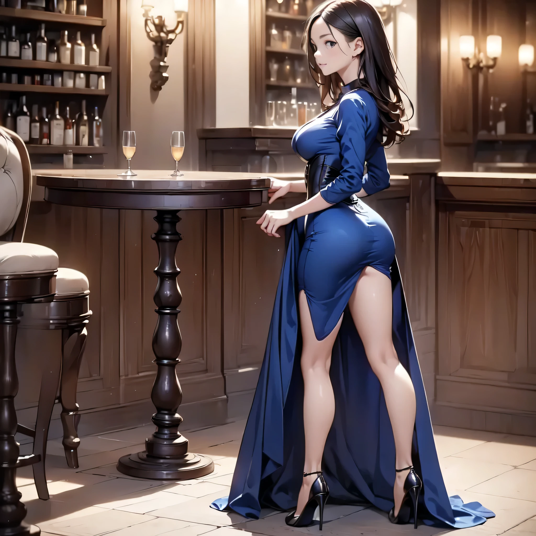 (masterpiece:1.3),(best quality, highest quality),((Full Body Shot,Including face)),1girl,Standing position,4K,masterpiece,((Focus on the face)),((Symmetrical facial features)),Beautiful woman,slender,Beautiful feet,((High heels)),Detailed depiction of the face,bar counter,uniform,Realistic,profile,Corset standing diagonally,Long skirt,Blue Dress