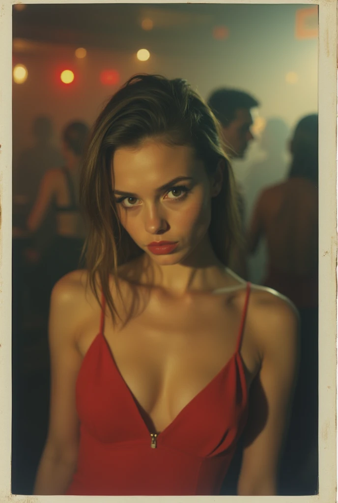 polaroid photo, night photo, smiling shyly, in party bar, photo of (: 1,5) cute babyface slim Slavic woman, pale skin, suggestive red dress, motion blur