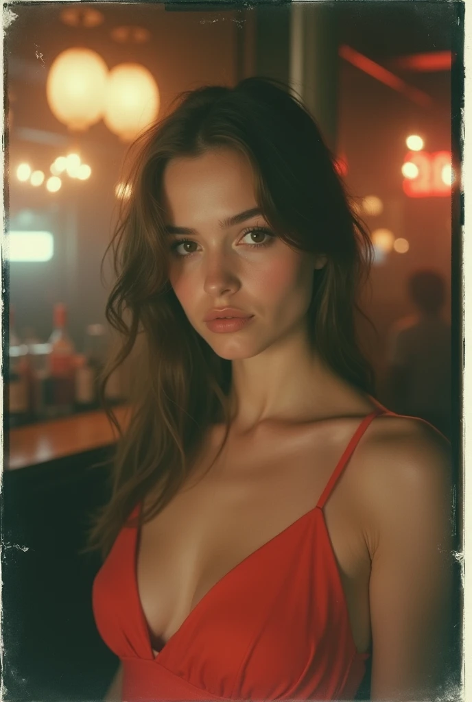 polaroid photo, night photo, smiling shyly, in party bar, photo of (: 1,5) cute face slim Slavic woman, pale skin, suggestive red dress, motion blur