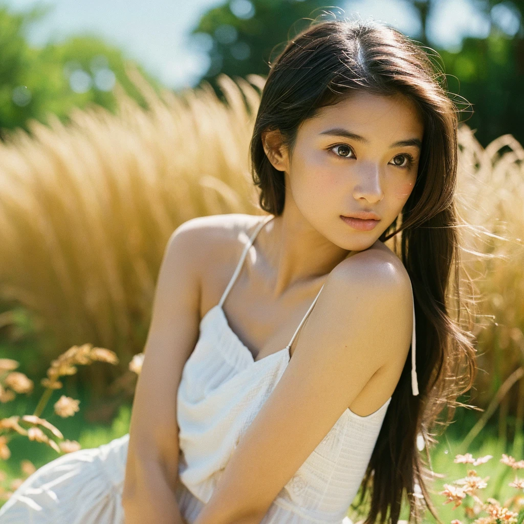 A hyper-realistic close-up image of a single Japanese woman in her early 20s, captured with the nostalgic warmth and subtle graininess of a film camera, focusing on her face and shoulders. Her skin has a warm beige tone with a natural, slightly rough texture that includes visible pores, fine lines, and subtle imperfections such as small blemishes, adding to the authenticity of her appearance. The soft, diffused natural light typical of a sunny summer day casts gentle, warm shadows on her face, enhancing the film-like quality while maintaining the realistic texture of her skin. Her straight, glossy black hair is slightly tousled by a gentle summer breeze, framing her face naturally. She is wearing a light, summery outfit, perhaps with straps visible at the shoulders, that complements her natural beauty and suits the warm weather. The film camera effect introduces a slight grain and a softer focus, giving the image a warm, nostalgic atmosphere while preserving the realism of her skin and features. The overall composition captures the serene and effortless elegance of a summer day, with the focus on the realistic texture of her skin and the timeless quality of the film camera aesthetic.