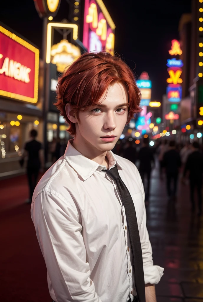 Young red-haired man with short straight hair, he is in las vegas at night, the lights shine even when it's dark, he is wearing a black leather coat