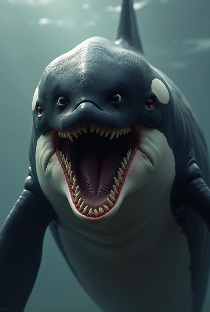 Angry face killer whale looking at camera
