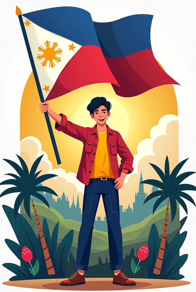 create a art in which a filipino waving a Philippine flag, icon drawing, with background 