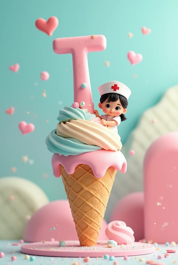 Create the letter T on a colorful ice cream cone with a cute doll wearing a nurse's hat included.