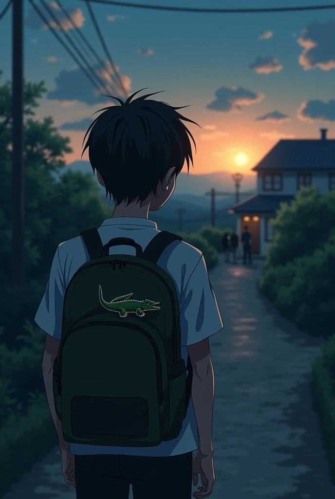 You could draw a scene where the ager has his back turned, walking towards a distant horizon while holding a backpack. In the background, the family home fades into emotional distance, with parents at the door or window, showing sadness or concern. The crocodile could be represented as a small figure or symbol on the teen's backpack., as a memory of his past life.
I hope these ideas help you conceptualize your anime style drawing.. If you have any other questions or need more details, I'd be happy to help you!