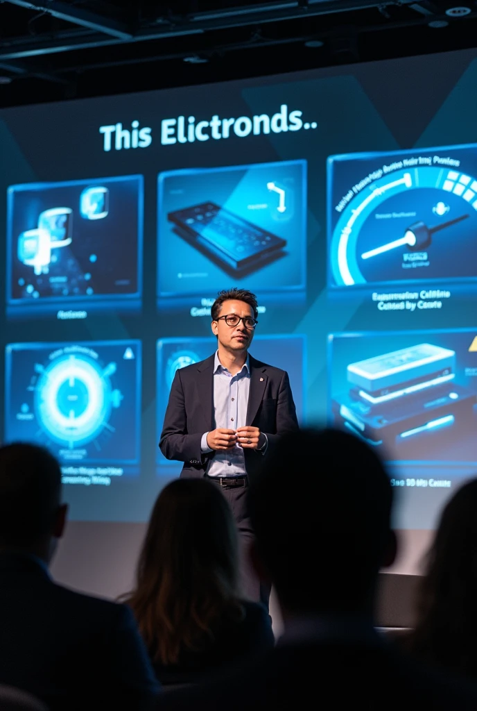 Create a presentation image about the future of electronics, includes the name of presented by José G. Rodriguez, registration 1-22-7476