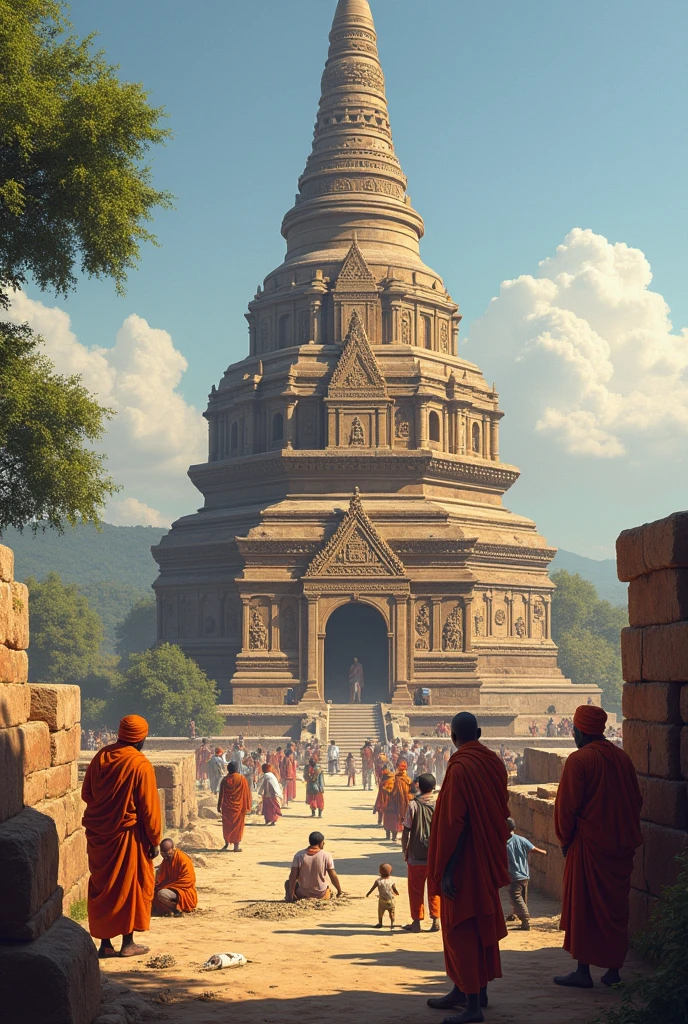 "A scenic landscape with ancient Indian workers constructing a large Buddhist stupa. The scene is vibrant, with artisans carving stone, monks overseeing the construction, and people carrying materials. The partially constructed stupa rises prominently in the background, with intricate carvings and designs."