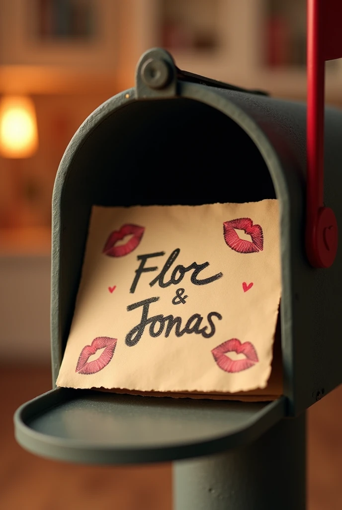 Take a photo with the names Flor and Jonas written on a piece of paper inside a mailbox., with kisses and hearts drawn in pencil